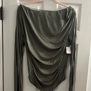 Free People Green Asymmetrical Ruched Long Sleeve T-shirt